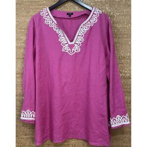 Talbots Fuchsia Pink 100% Linen Lace Trim Split Neck Tunic Top Size 3X